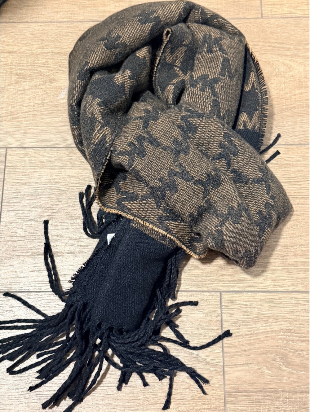Michael Kors Brown Black MK Logo Monogram Fringe Scarf Wrap Shawl